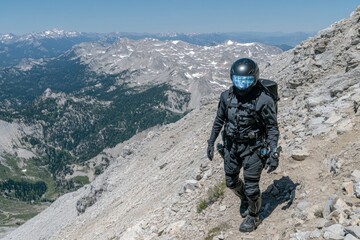 Fototapeta premium A futuristic hiking scene featuring a hiker wearing high-tech gear and a glowing helmet, trekking up a metallic mountain trail with holographic maps projected in the air
