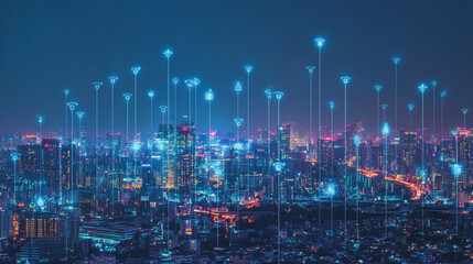 Smart digital city with connection cyber security network reciprocity over the cityscape . future smart wireless digital city and social media networking systems that connects people within the city