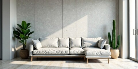 Modern minimalist living room interior design with a light gray sectional sofa, potted plants, and a concrete wall