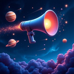 a cartoon style illustration of a megaphone in the sky