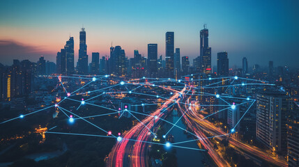 Obraz premium Smart digital city with connection cyber security network reciprocity over the cityscape . future smart wireless digital city and social media networking systems that connects people within the city