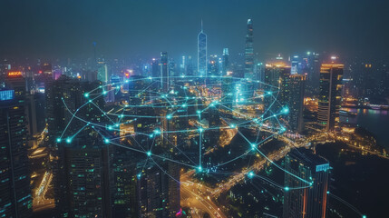 Smart digital city with connection cyber security network reciprocity over the cityscape . future smart wireless digital city and social media networking systems that connects people within the city