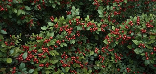 Obraz premium High-angle view of a dense thicket of wild lingonberry bushes with red berries, bush, foliage, forest