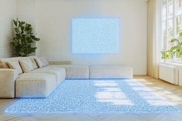 A futuristic smart home scene with an HD TV projecting a holographic display alongside its crystal-clear screen