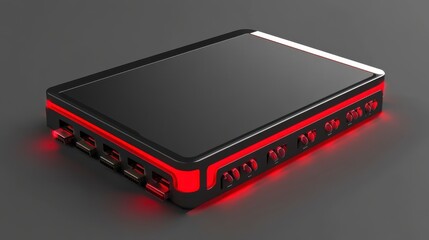 Futuristic black device with red LED lights and ports.