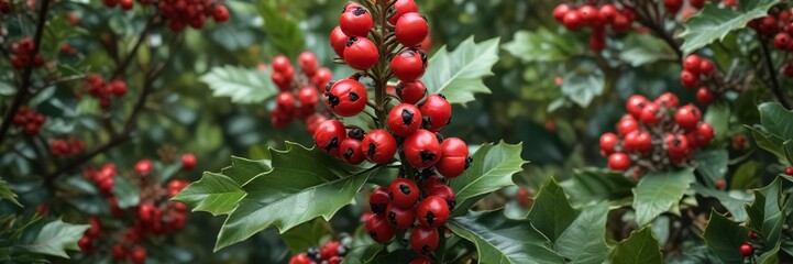 Fototapeta premium Inkberry holly gallberry in full bloom with red berries , blooming branches, forest landscape, southern usa