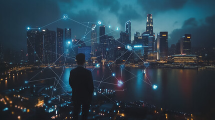 Fototapeta premium Smart digital city with connection cyber security network reciprocity over the cityscape . future smart wireless digital city and social media networking systems that connects people within the city