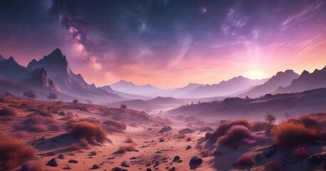 Iridescent misty landscape with shimmering dust, cosmic dust, dreamy haze, ethereal atmosphere