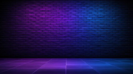 Black brick wall background rough concrete with neon lights and glowing lights. Lighting effect pink and blue on empty brick wall background