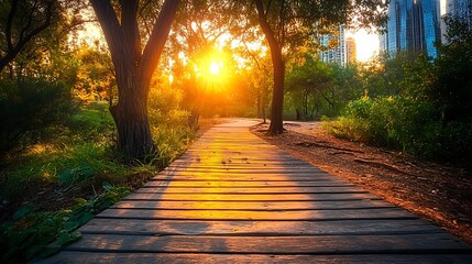 Sunset Path in Park. Tranquil Nature Scene. Concept of peace, serenity, and outdoor recreation.