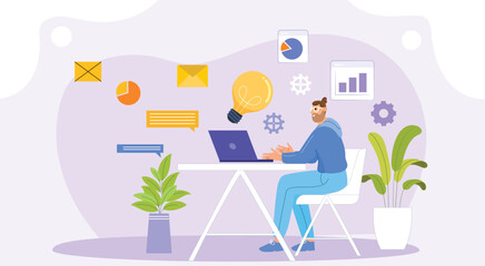 A modern illustration with people collaborating, a light bulb icon, and analytics charts to depict innovation.