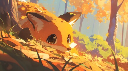 Adorable close-up of a tiny fox with big eyes in a scenic autumn forest, cartoon anime style, intricate details.