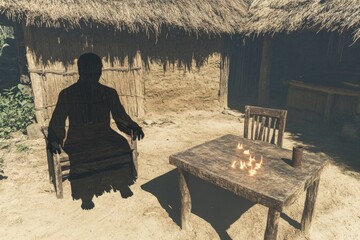 A gothic depiction of a Hmong shaman performing a ritual in a dimly lit hut, surrounded by flickering candles and ghostly apparitions appearing in the shadows