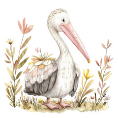 Fototapeta premium Charming Illustration of a Pelican Surrounded by Delicate Floral Elements in a Soft Watercolor Style