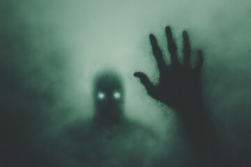 A gothic scene of a shadowy hand reaching down to help another out of a dark, misty abyss, illuminated faintly by a glowing silver light