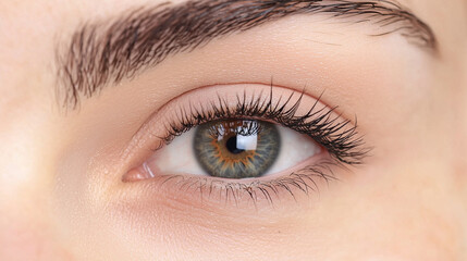 Fototapeta premium Close-up of a captivating hazel eye with long eyelashes, hinting at beauty, allure, and depth. The eye's natural beauty is highlighted.
