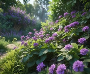 Lush green leaves and purple flowers in full bloom, green, garden