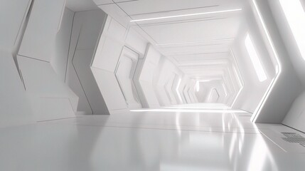 Empty Modern Corridor With Bright Lighting and White Background