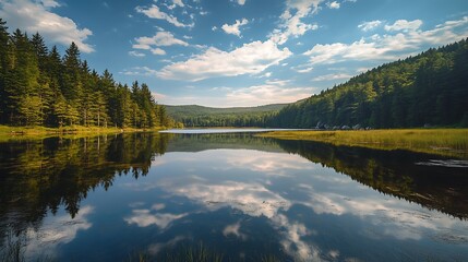 Fototapeta premium Serene Mountain Lake Reflecting Clouds. Tranquil Nature Landscape.