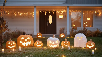 Obraz premium Spooky Halloween Porch: A charming suburban home is transformed into a festive Halloween display, with glowing jack-o'-lanterns, spooky decorations.