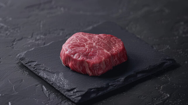 A beautifully marbled piece of raw meat on a slate surface, showcasing its rich color and texture against a dark background.