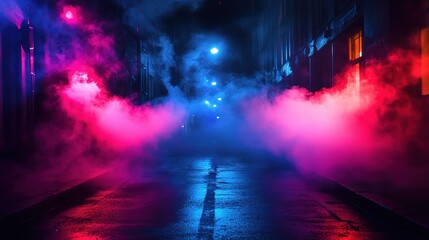 Obraz premium Dark Night Street Scene with Neon Lights and Smoky Atmosphere
