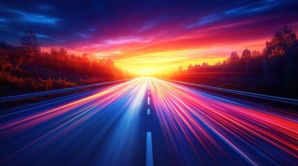 Vibrant sunset over a highway with light trails.