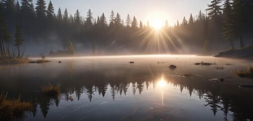 Fototapeta premium Morning sun peeks through the mist at Reflection Lake, gentle, water
