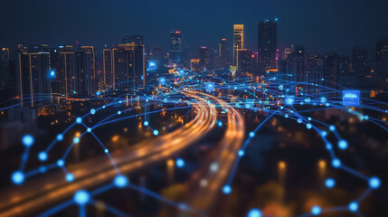 Fototapeta premium Smart digital city with connection cyber security network reciprocity over the cityscape . future smart wireless digital city and social media networking systems that connects people within the city