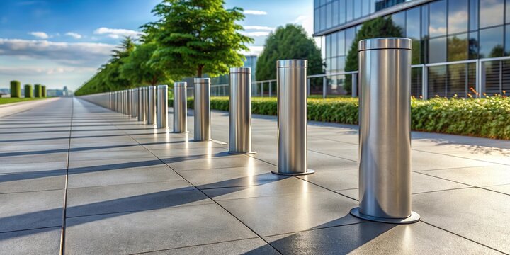 A row of metallic bollards stands guard on a sun-drenched paved walkway, providing modern security near a contemporary building.