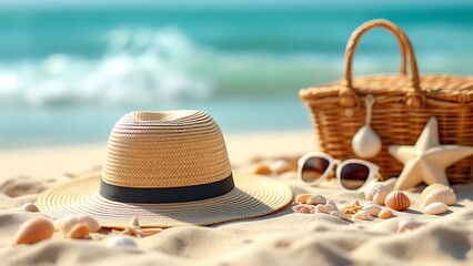 Suitcase and accessories for travel vacation on the sand.