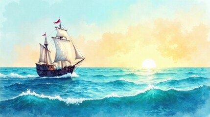 A majestic sailing vessel navigates the vibrant ocean waves under a breathtaking sunset sky