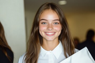 A job candidate being welcomed into the office for their first day, holding a company welcome kit and smiling brightly