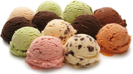 Delicious Assorted Ice Cream Scoops in Various Flavors on White Background