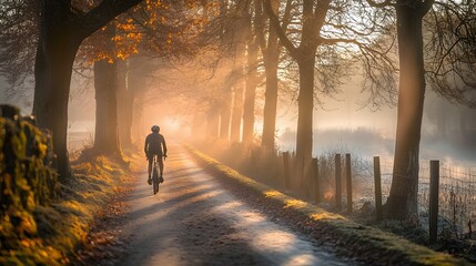 Cyclist riding through misty forest path autumn landscape photography serene environment wide angle view nature's beauty