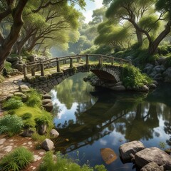 Obraz premium Old stone bridge with vines and moss covering its stones spanning a small Portuguese lake, scenery, water
