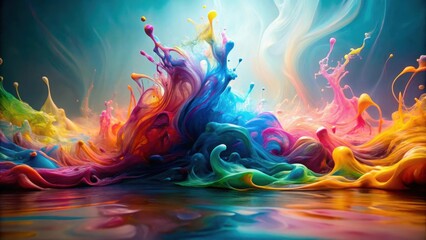 A vibrant explosion of multicolored paint creating an abstract landscape of swirling hues and dynamic forms