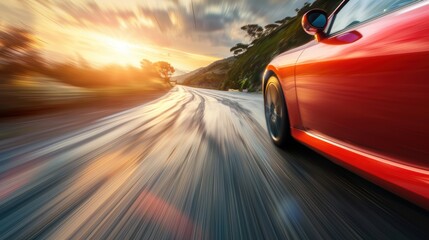 Obraz premium Speed and Performance Concept with Sports Car on Mountain Road at Sunrise for Print or Poster Design