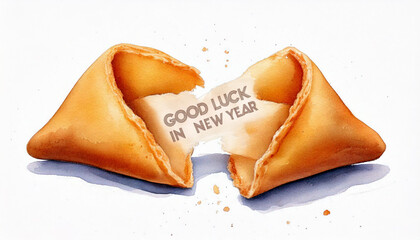 Close-up of a broken fortune cookie with Good luck in New Year message.
