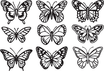 Fototapeta premium Black line silhouette butterfly icon set elements vector illustration
