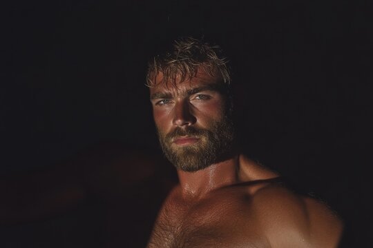 A male model with styled, spiky hair and a rugged beard posing in a studio with a dramatic dark background
