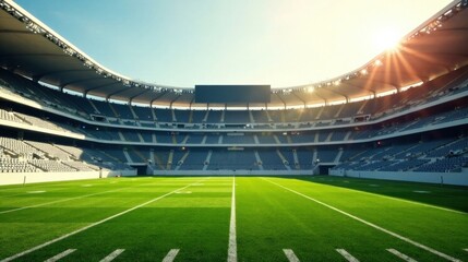 A Majestic Empty Stadium Bathed in Golden Sunlight A Vista of Green Field and Tiered Seating