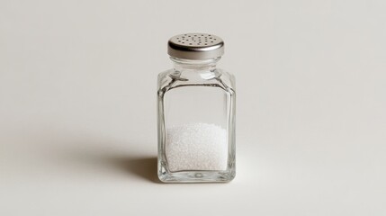 Glass salt shaker with white salt crystals against a light grey background.