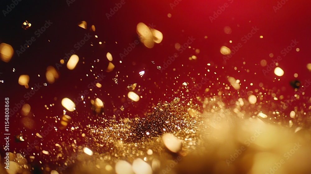 Poster abstract gold particles on red background with blurred focus effect