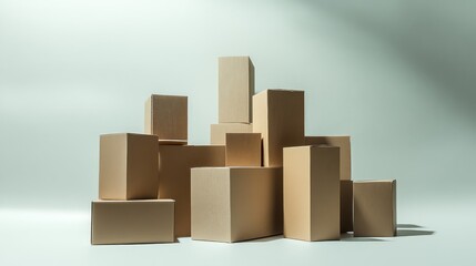 Fototapeta premium Stacked Cardboard Boxes in Various Heights on Minimalist Background