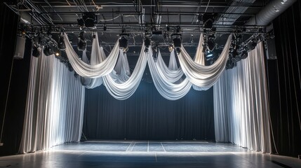 Elegant Stage Setup with Draped Fabric and Dramatic Lighting