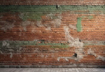 Rustic brick wall with a hint of green plaster, brick, stone