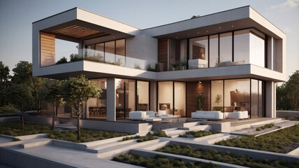 Contemporary 3D duplex house with sleek glass walls, a minimalist facade, and a spacious rooftop terrace.

