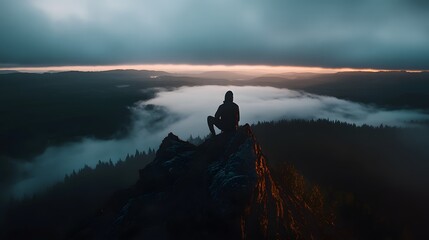 Hiker overlooking foggy landscape at dawn mountain view nature photography tranquil environment inspirational concept