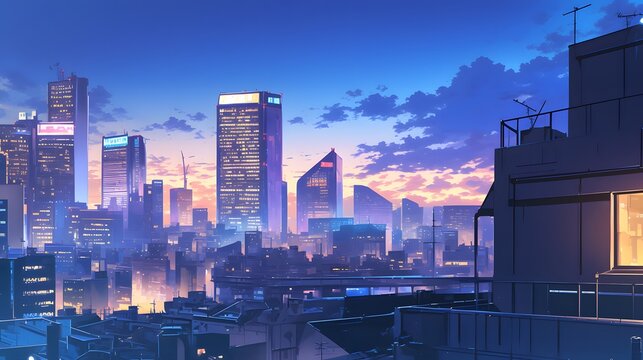 Anime-style cityscape at night, featuring a serene mood and gentle lighting.
